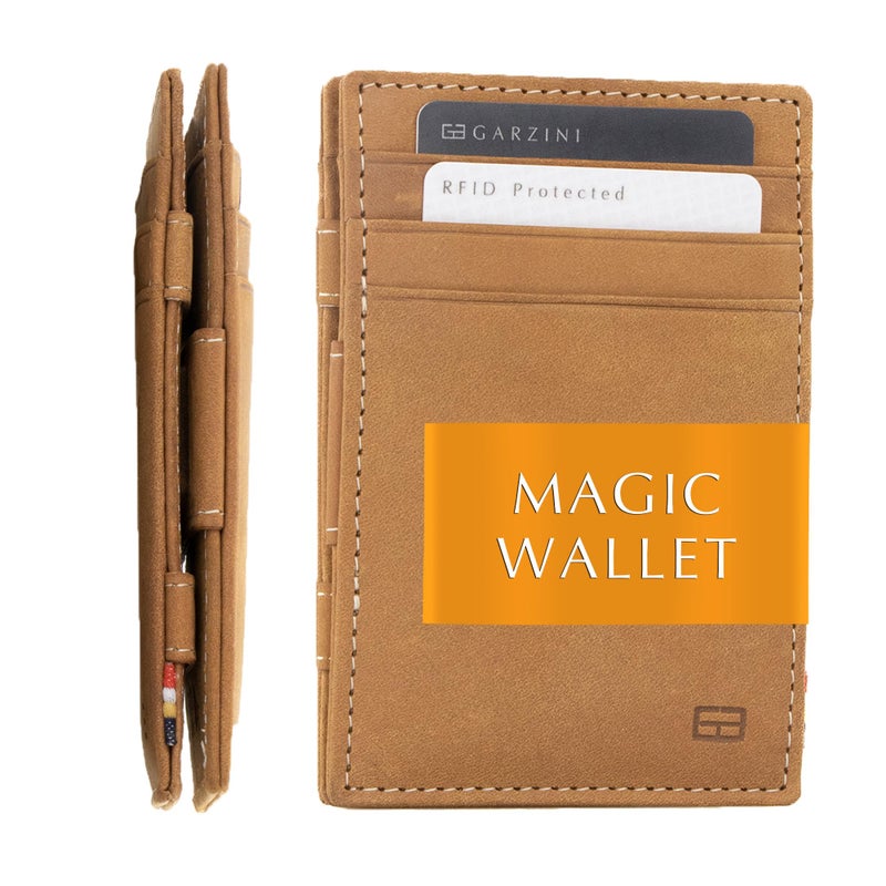 GARZINI Magic Wallet For Men, Minimalist Wallet with RFID card holder, Leather Wallet for 10 cards, Camel Brown - Image 1